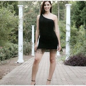 ArkCo | Anthropologie One Shoulder Dress Womens Size M Black Fringe Gatsby Mini